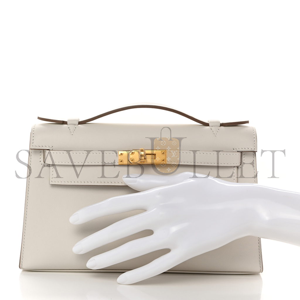 HERMÈS SWIFT KELLY POCHETTE CLUTCH MILKSHAKE WHITE GOLD BUCKLE(22*14*7cm) 